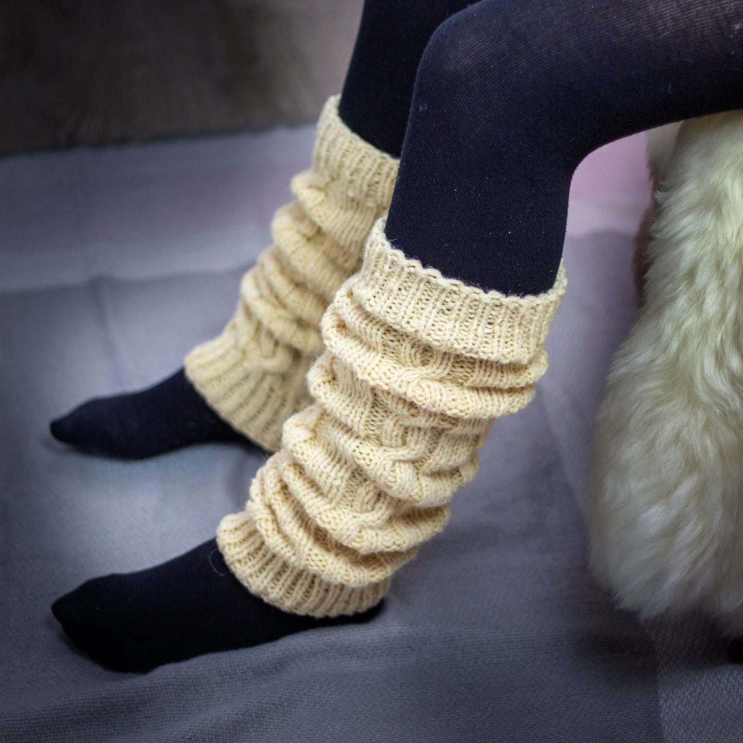 Handmade Cable Knit Thick Over-Knee 100% Natural Wool Leg Warmers