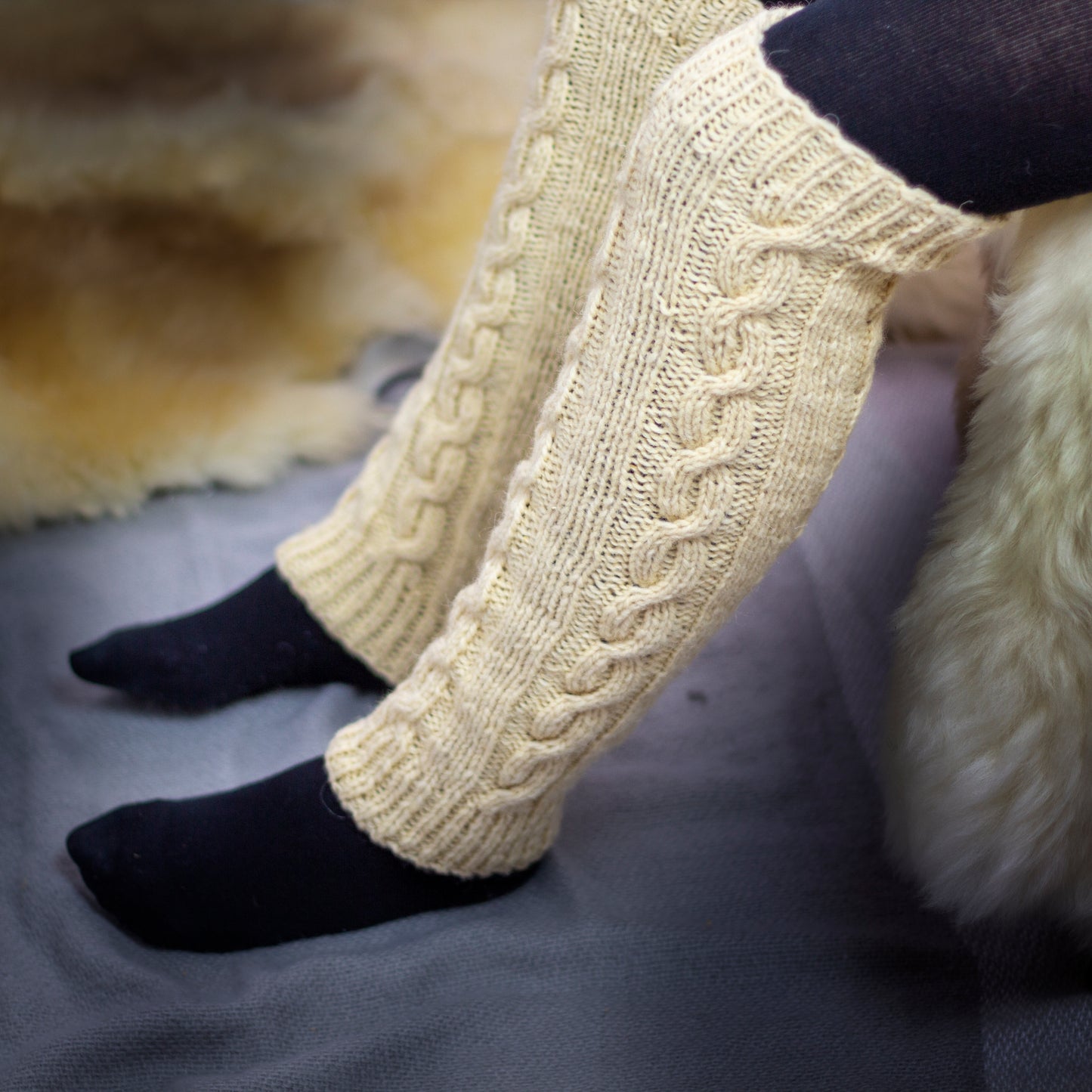 Handmade cable knit white natural wool long knee high legwarmers