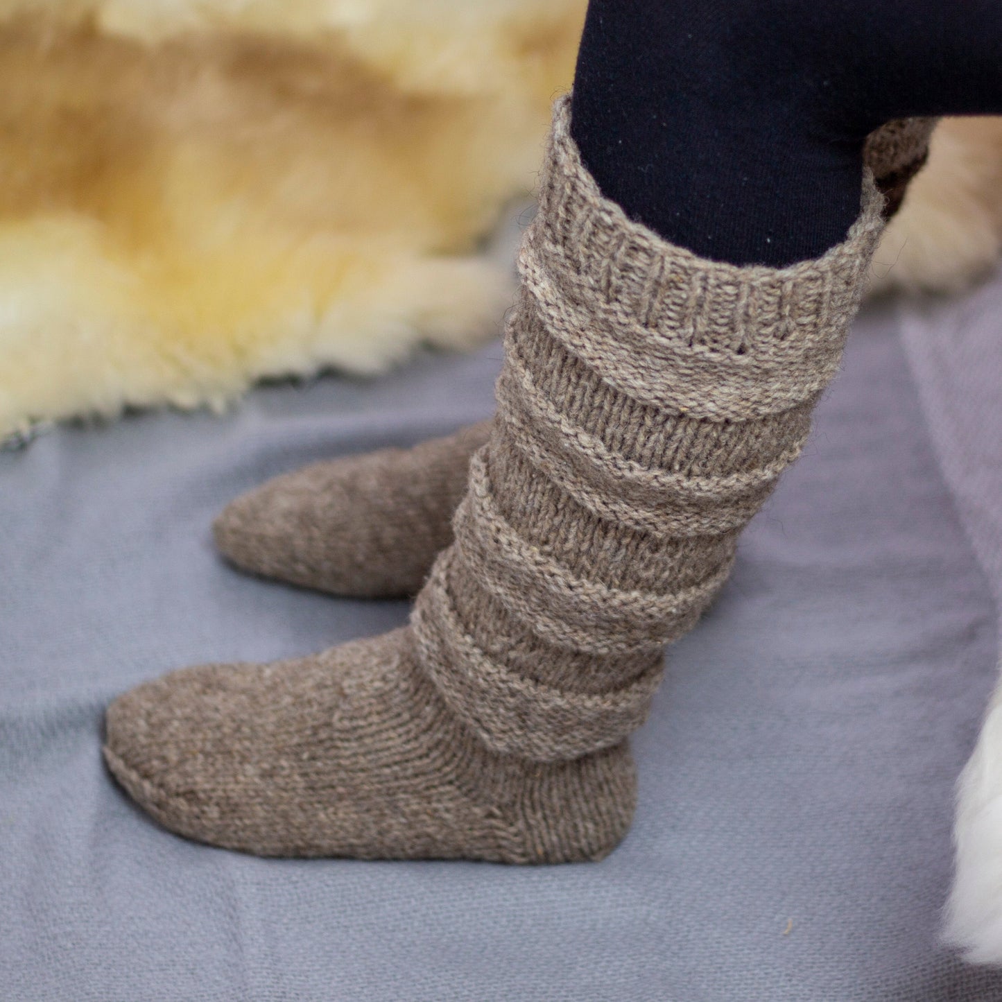 Hand-Knitted Knee-High 100% Sheep Wool Slouchy Socks for Women in Beige and Brown