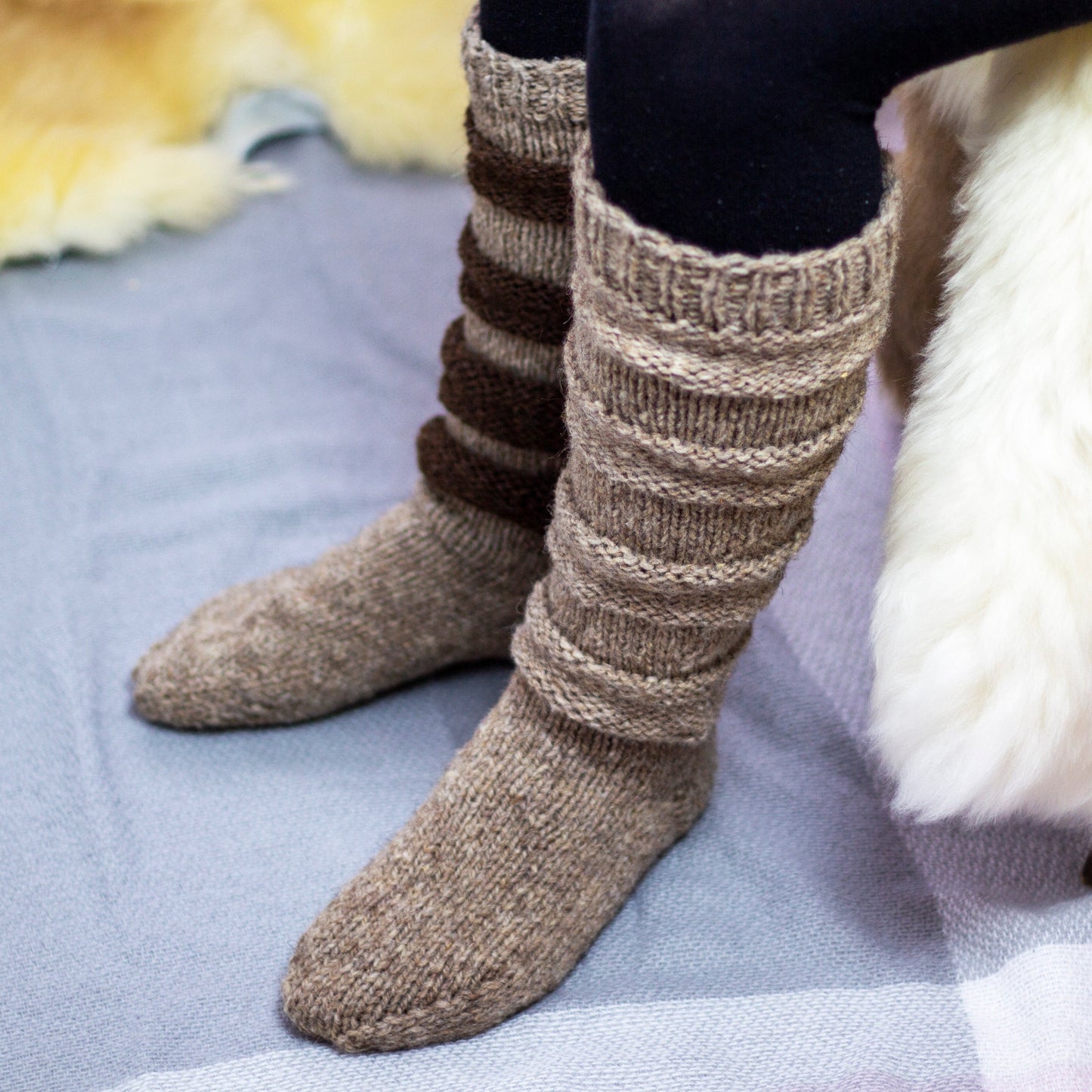 Hand-Knitted Knee-High 100% Sheep Wool Slouchy Socks for Women in Beige and Brown