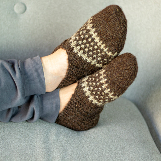 Brown white hand knitted wool slippers, natural thick wool 