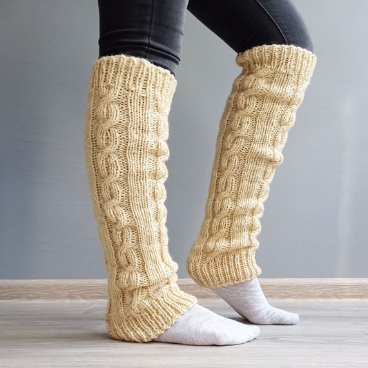 Handmade Cable Knit Thick Over-Knee 100% Natural Wool Leg Warmers