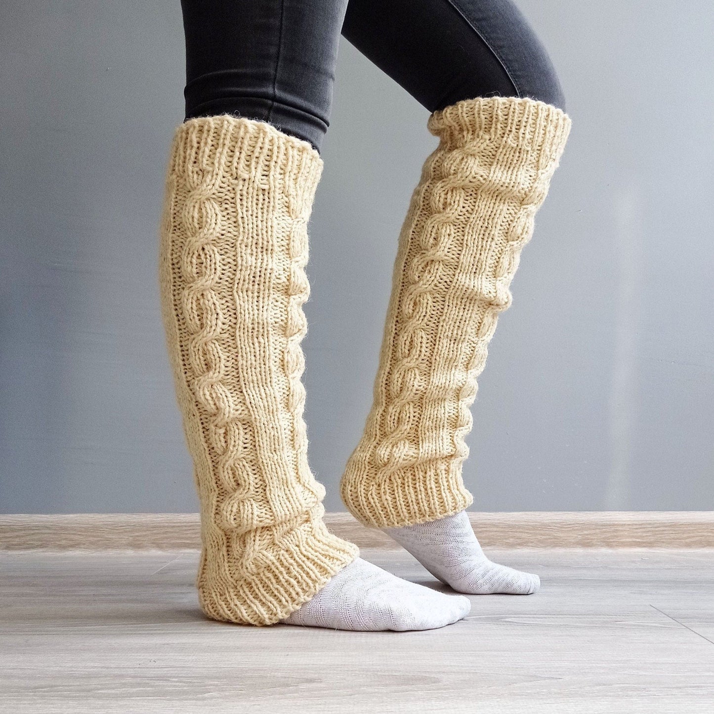 Handmade Cable Knit Thick Over-Knee 100% Natural Wool Leg Warmers