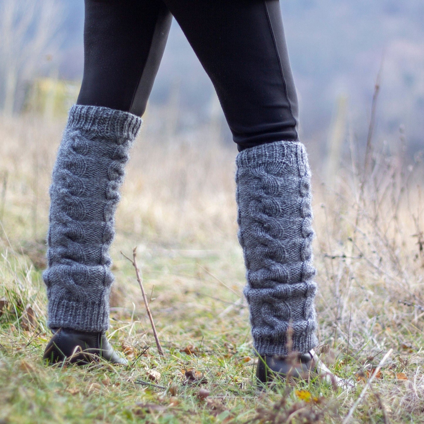 Handmade cable knit, thick wool, knee high leg warmers