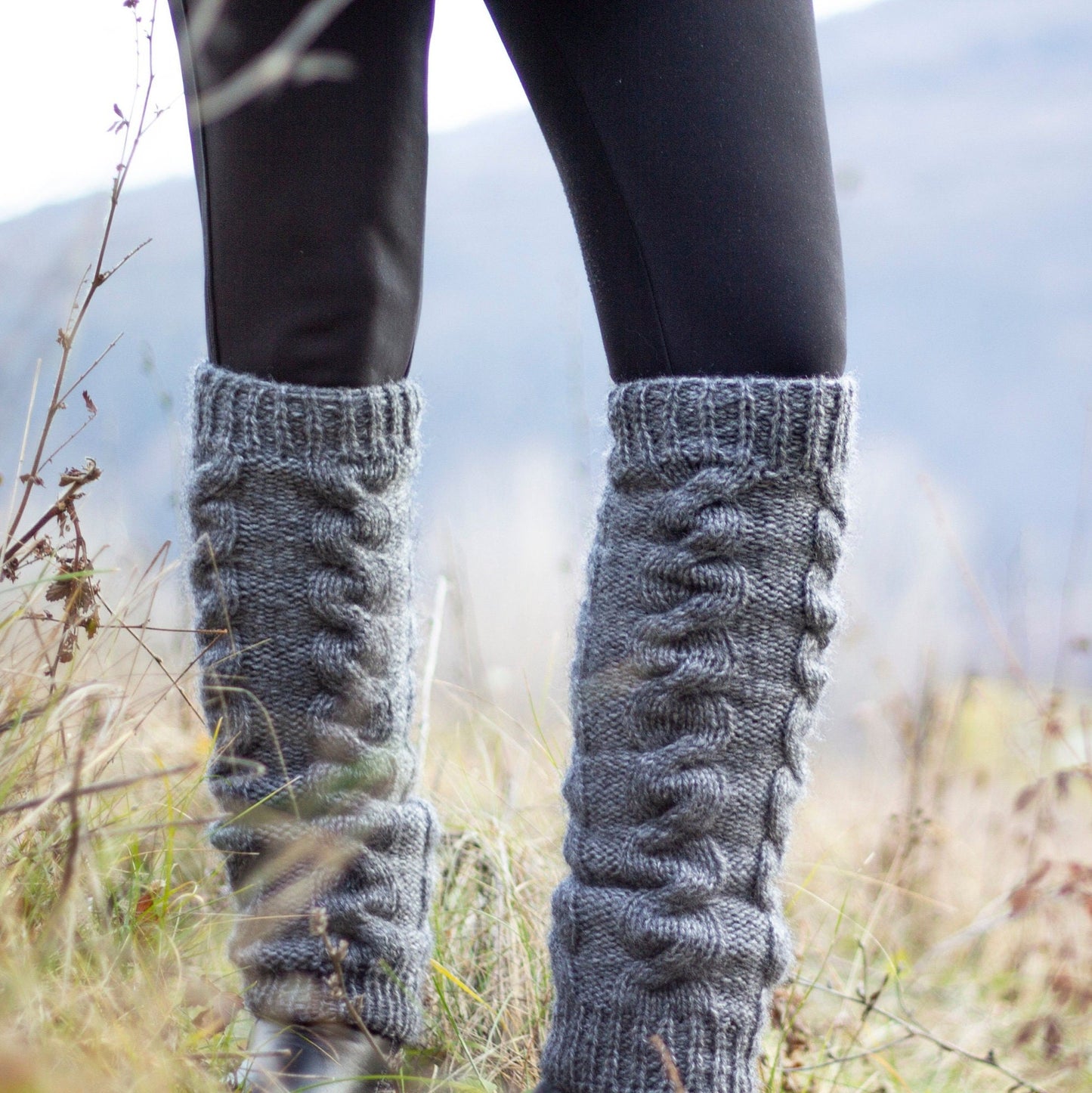 Handmade cable knit, thick wool, knee high leg warmers