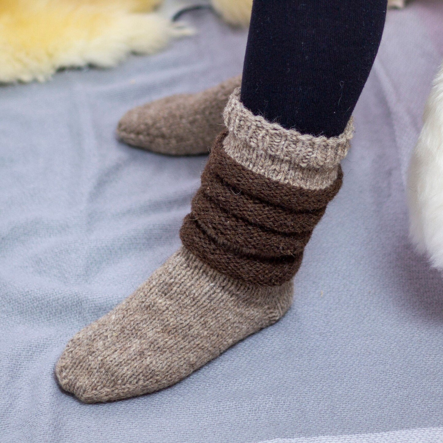 Hand-Knitted Knee-High 100% Sheep Wool Slouchy Socks for Women in Beige and Brown