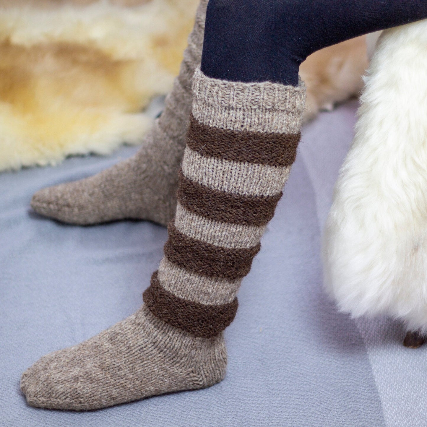 Hand-Knitted Knee-High 100% Sheep Wool Slouchy Socks for Women in Beige and Brown