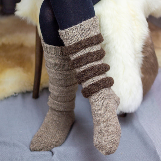 Hand-Knitted Knee-High 100% Sheep Wool Slouchy Socks for Women in Beige and Brown